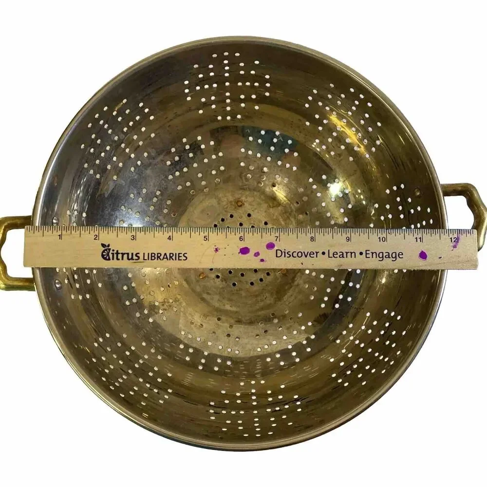Antique Copper Strainer Colander 12” Riveted Brass Handles Pedestal Patina Korea